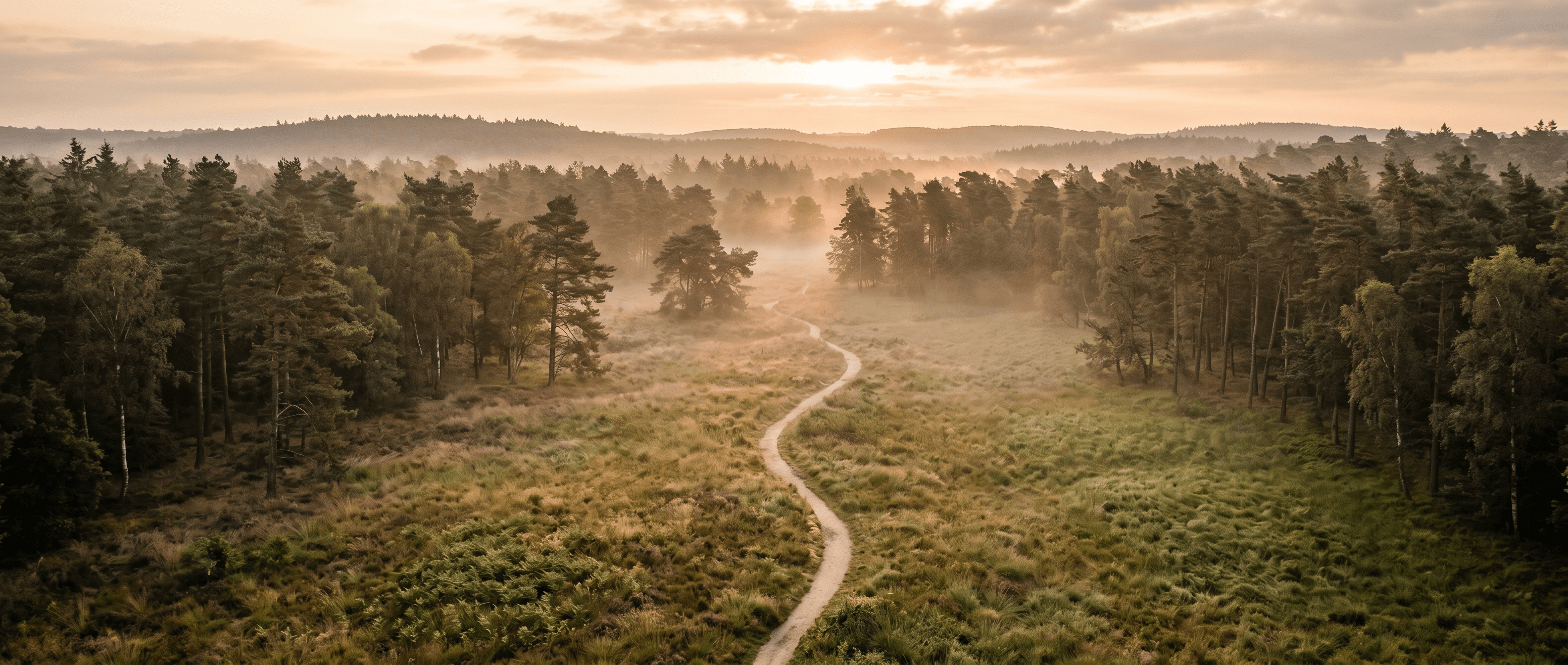 Brede luchtopname van een rustig bospad in een open Nederlands natuurgebied, ochtendmist tussen de bomen.
