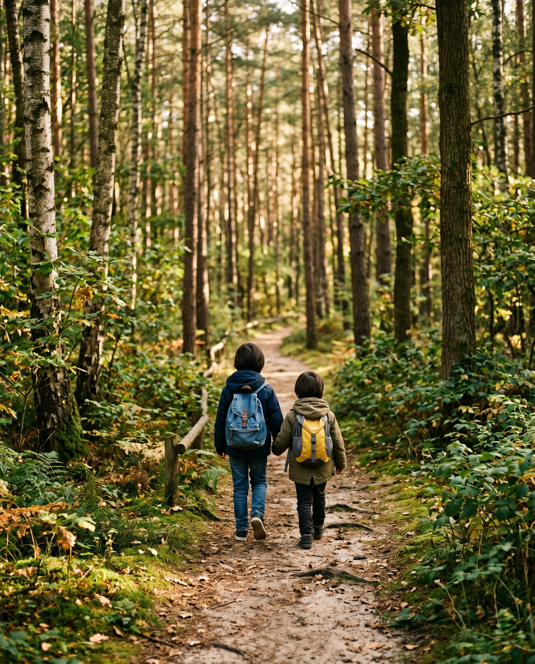 Twee kinderen wandelen van de camera af over een zandpad in een rustig bos.