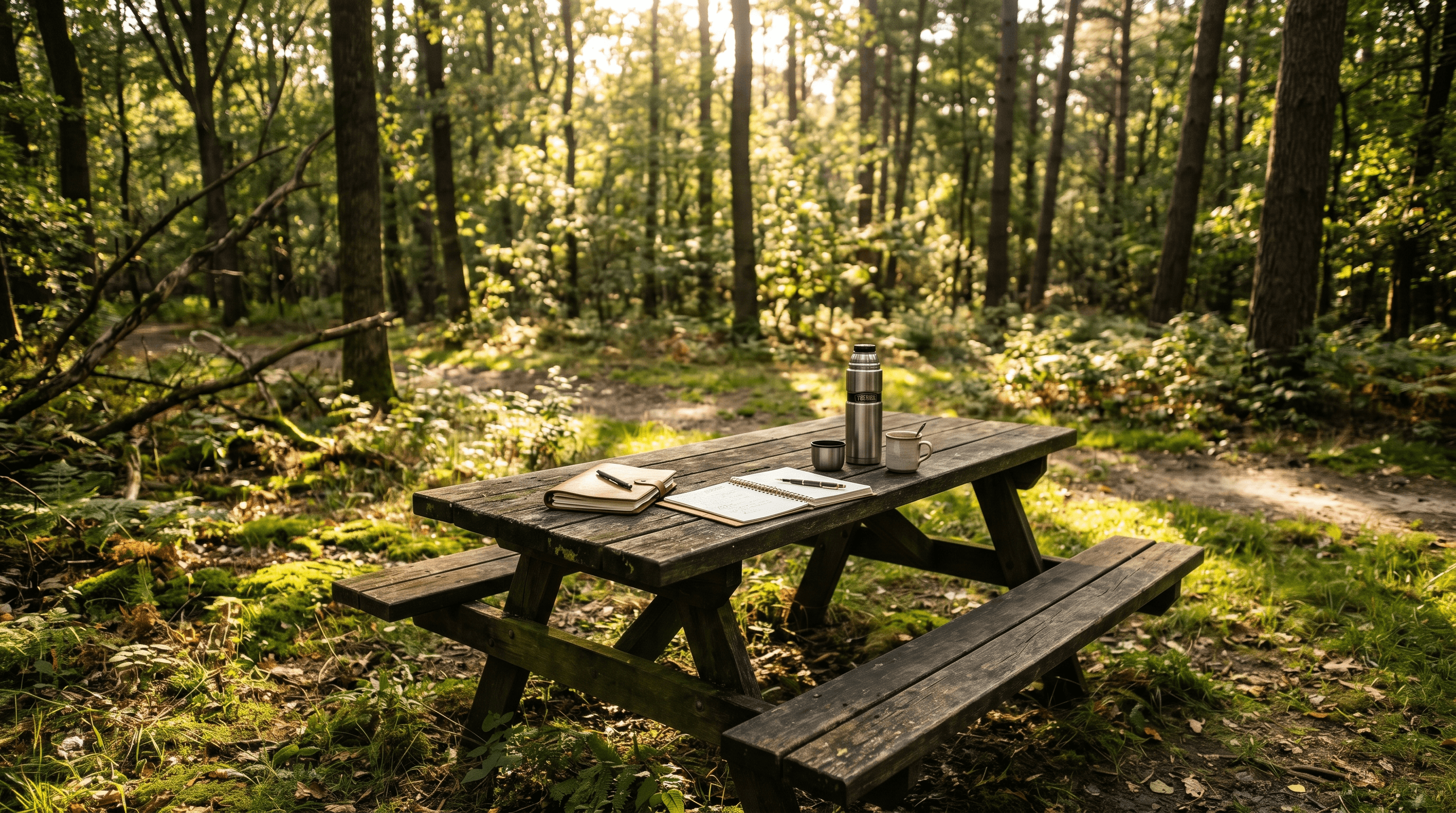 Een rustieke houten picknicktafel in een zonnige open plek met notitieboeken en een thermoskan.